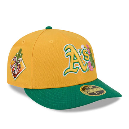 Athletics MLB Spring Training 2026 Yellow Low Profile New Era 59FIFTY Fitted Cap, front view showing a raised embroidered A's logo on the yellow front panels with floral side detail, a 26 logo on the side.