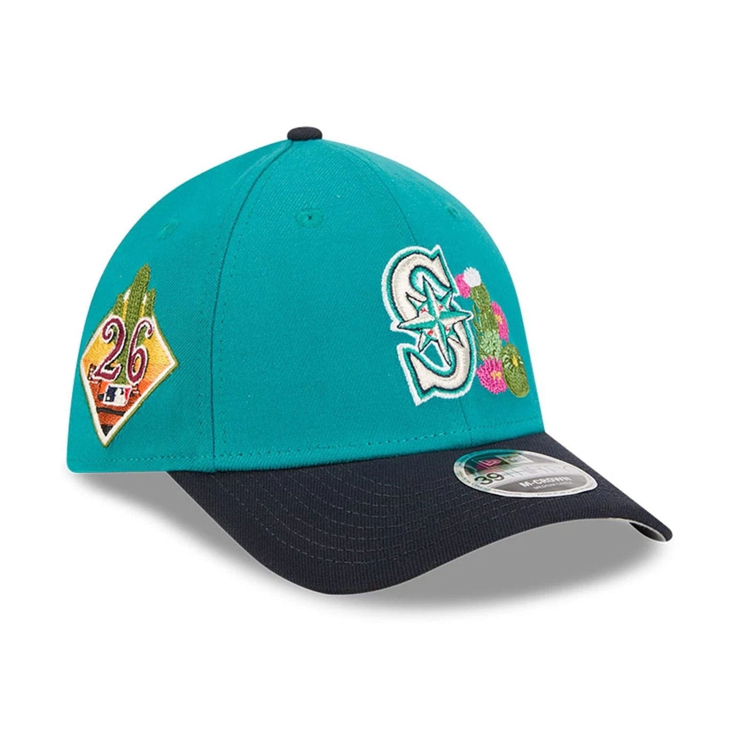 Pictured is this MLB Spring Training 2026 Seattle Mariners 39THIRTY M-Crown Stretch Fit cap in Dark Green. 1
