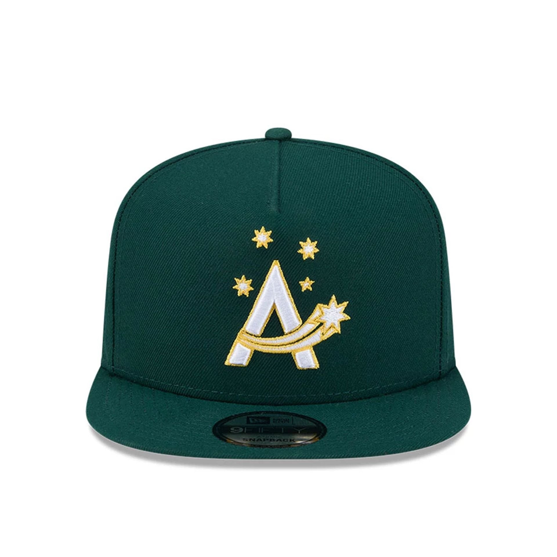 Pictured is this MLB World Baseball Classic 2026 Australia 9FIFTY A-Frame Snapback cap in dark green. 3