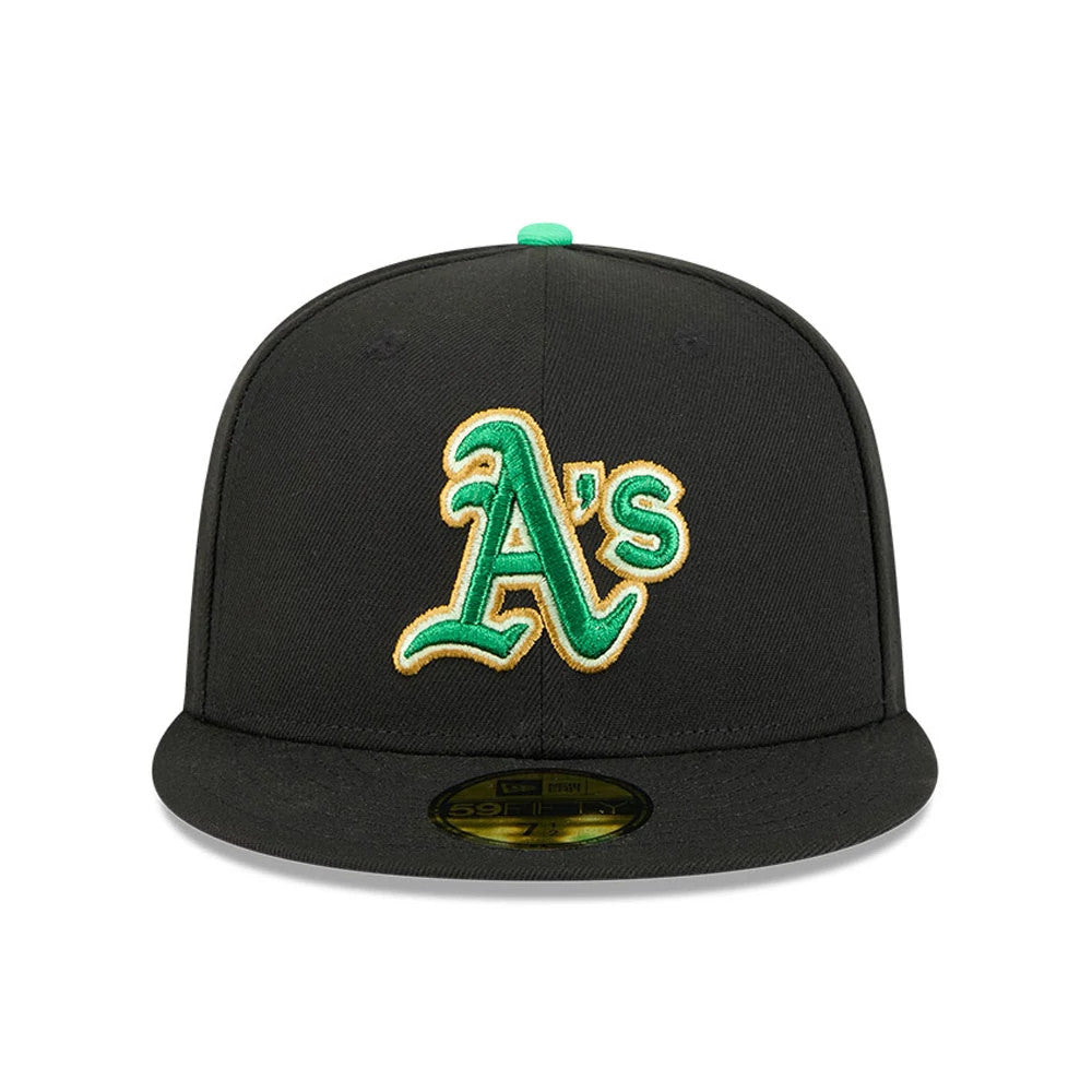 Pictured is this MLB Saint Patrick's Day Athletics 59FIFTY Fitted cap in black. 2