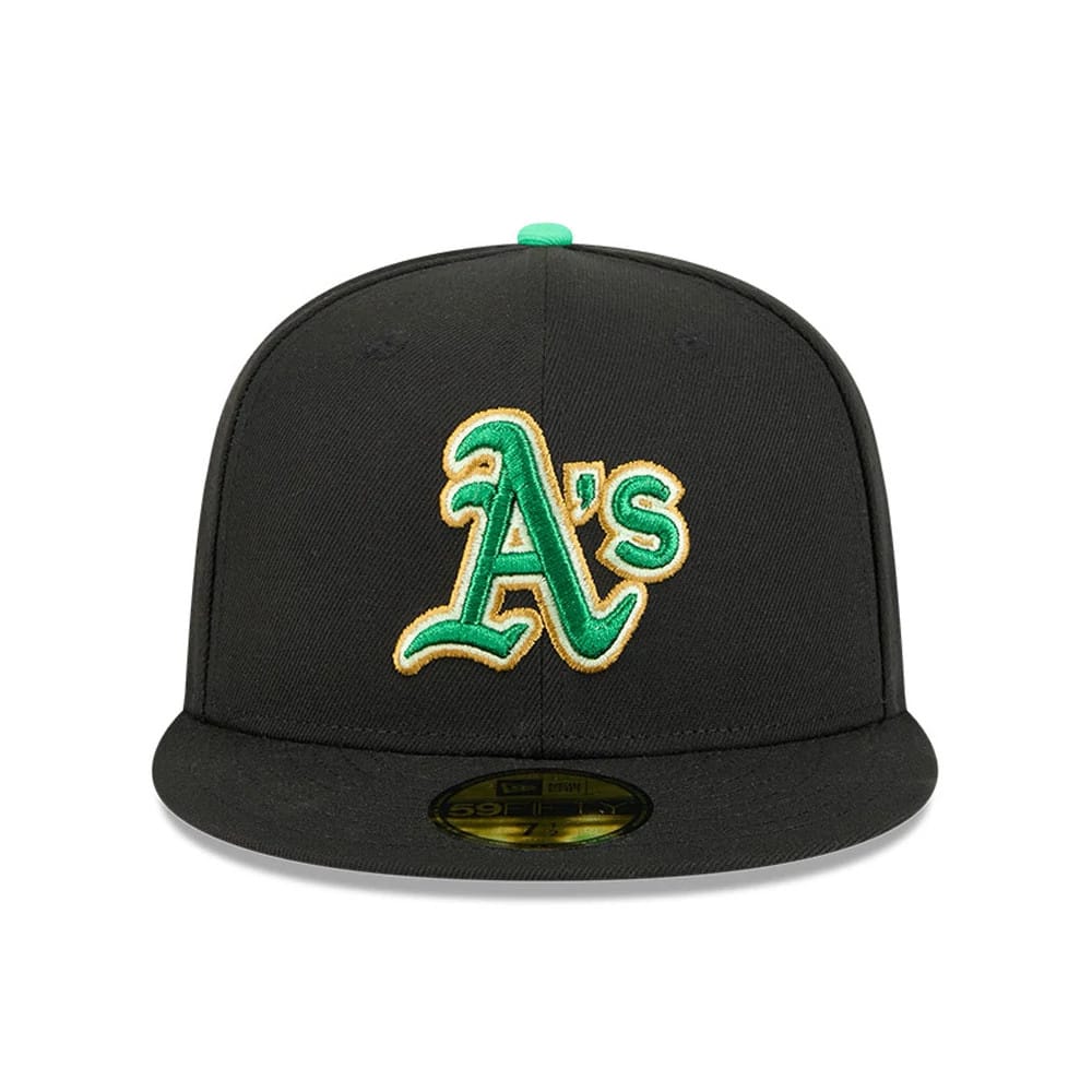Pictured is this MLB Saint Patrick's Day Athletics 59FIFTY Fitted cap in black. 2