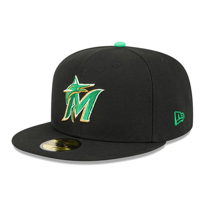 Pictured is this MLB Saint Patrick's Day Miami Marlins 59FIFTY Fitted cap in black. 3