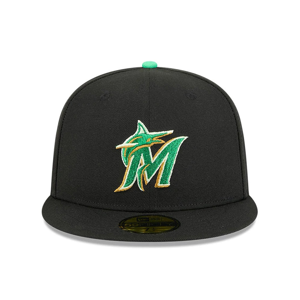 Pictured is this MLB Saint Patrick's Day Miami Marlins 59FIFTY Fitted cap in black. 2