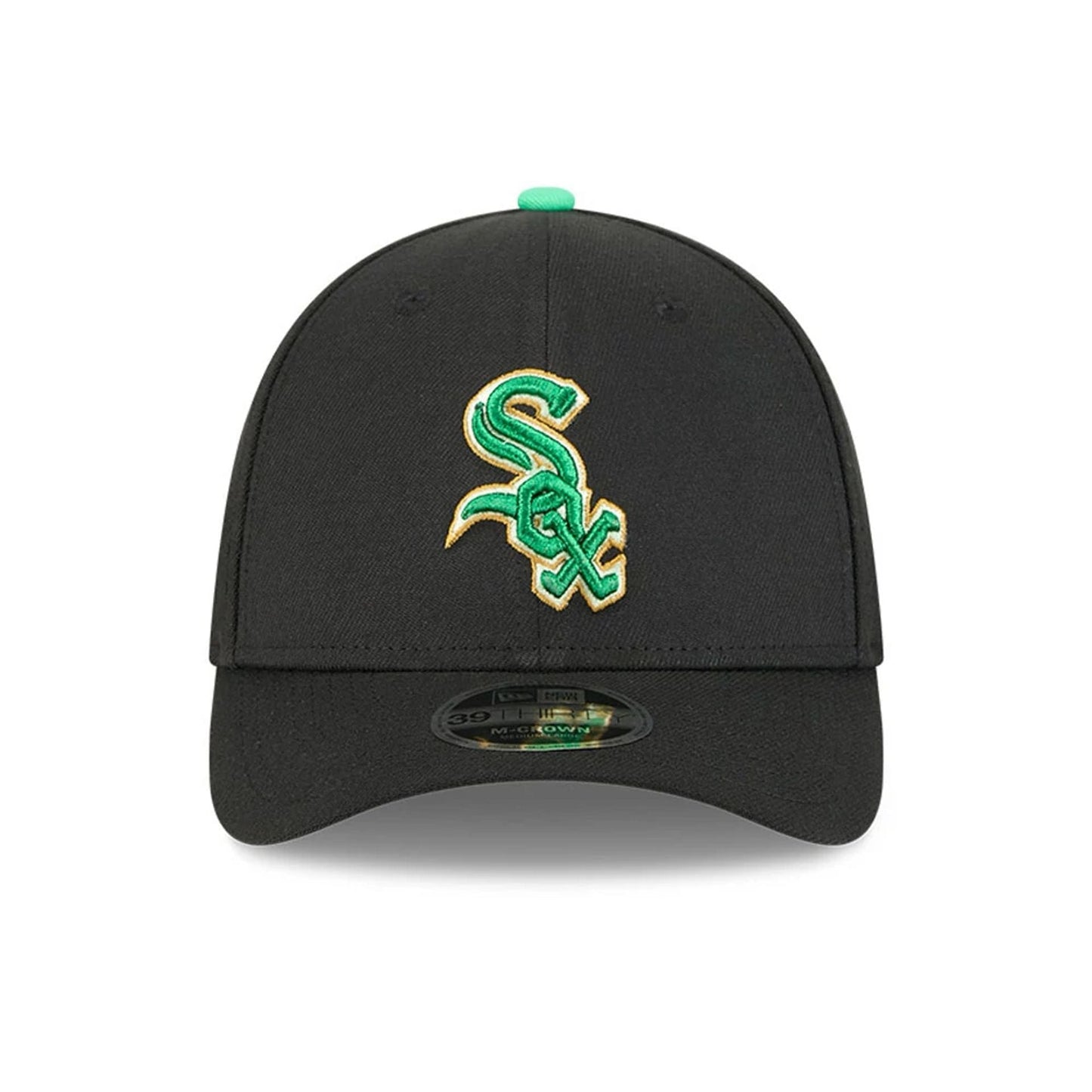 Pictured is this MLB Saint Patrick's Day Chicago White Sox 39THIRTY M-Crown A-Frame Stretch Fit cap in black. 2