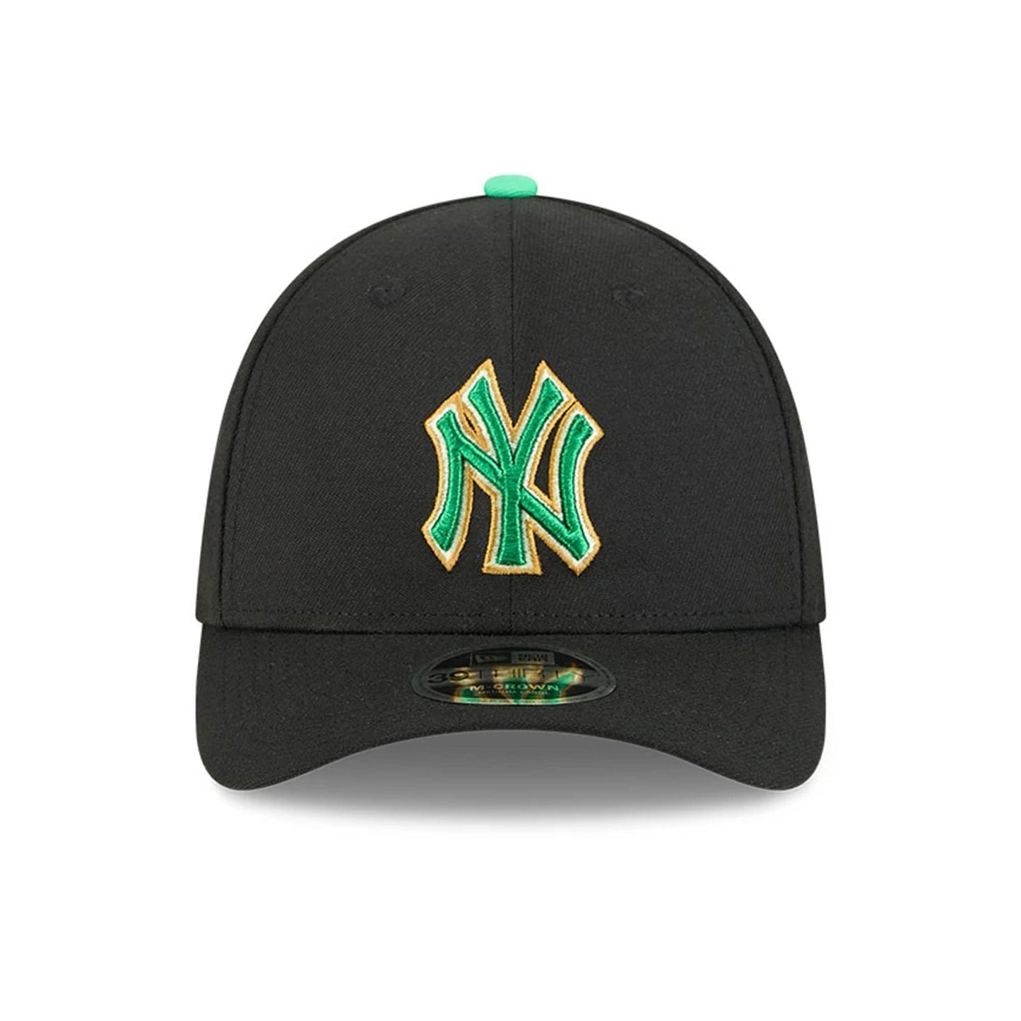 Pictured is this MLB Saint Patrick's Day New York Yankees 39THIRTY M-Crown A-Frame Stretch Fit cap in black. 2