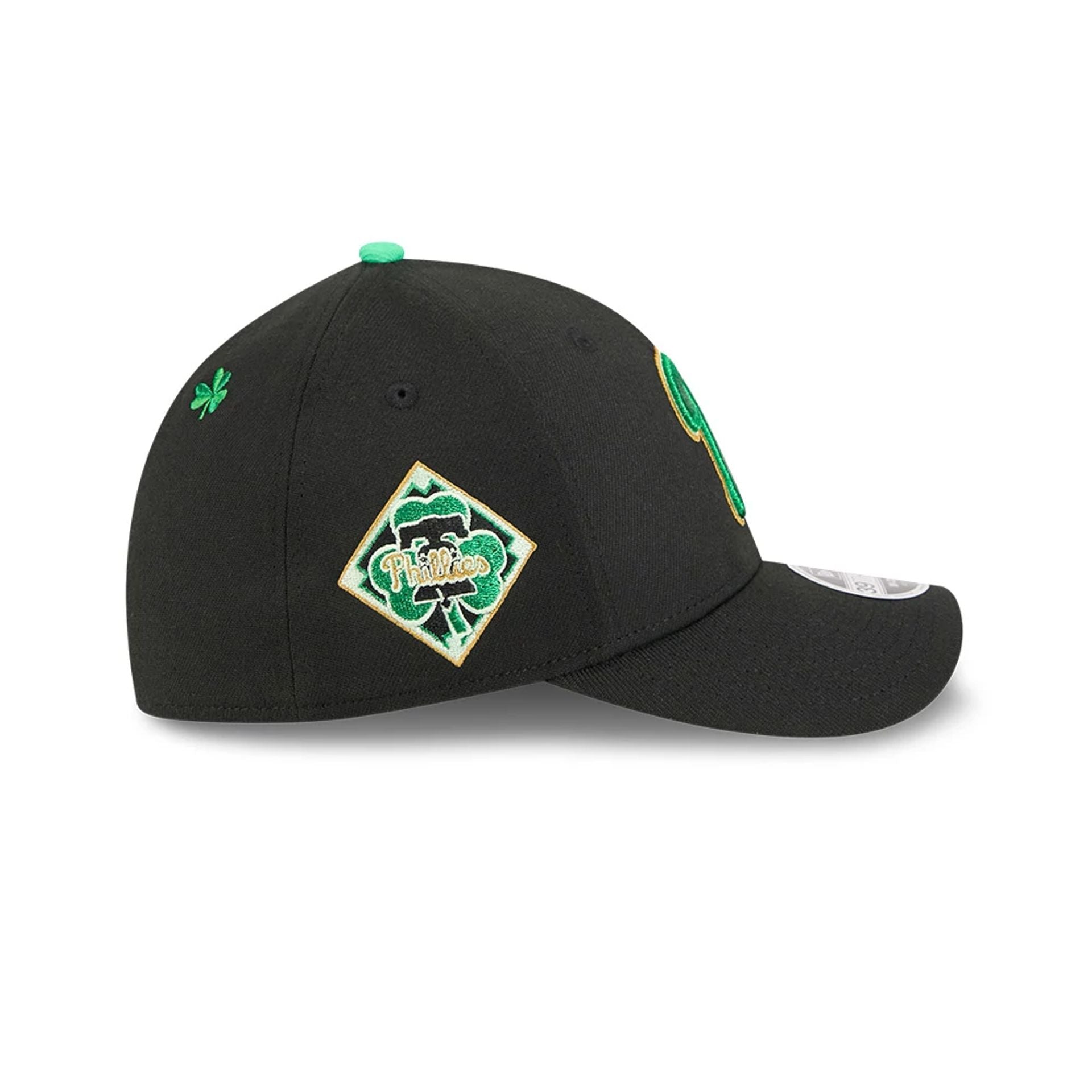 Pictured is this MLB Saint Patrick's Day Philadelphia Phillies 39THIRTY M-Crown A-Frame Stretch Fit cap in black. 4