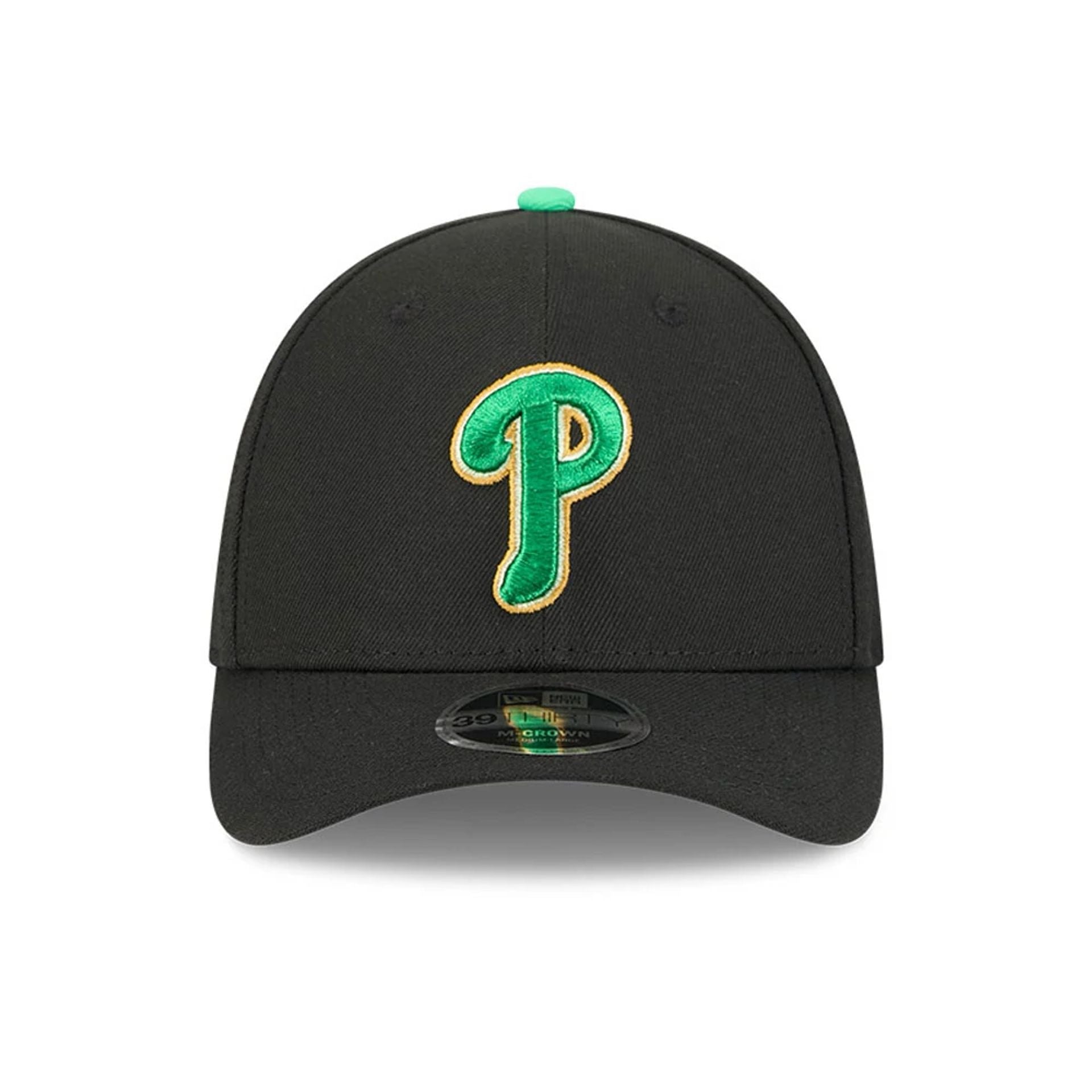 Pictured is this MLB Saint Patrick's Day Philadelphia Phillies 39THIRTY M-Crown A-Frame Stretch Fit cap in black. 2