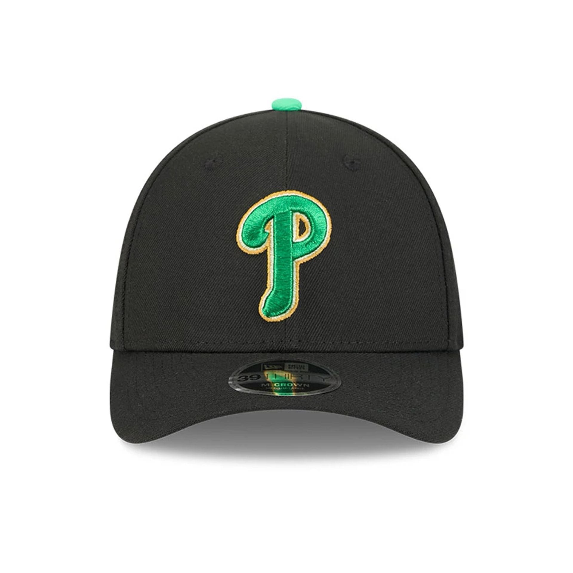 Pictured is this MLB Saint Patrick's Day Philadelphia Phillies 39THIRTY M-Crown A-Frame Stretch Fit cap in black. 2
