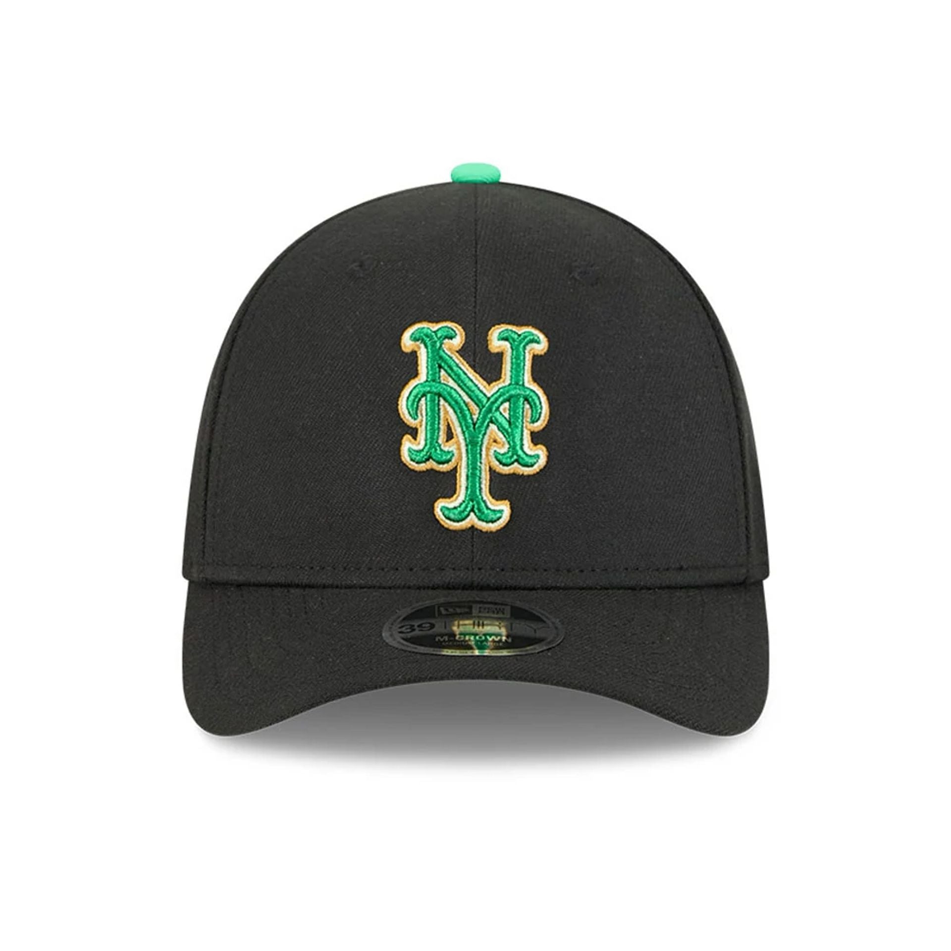 Pictured is this MLB Saint Patrick's Day New York Mets 39THIRTY M-Crown A-Frame Stretch Fit cap in black. 2