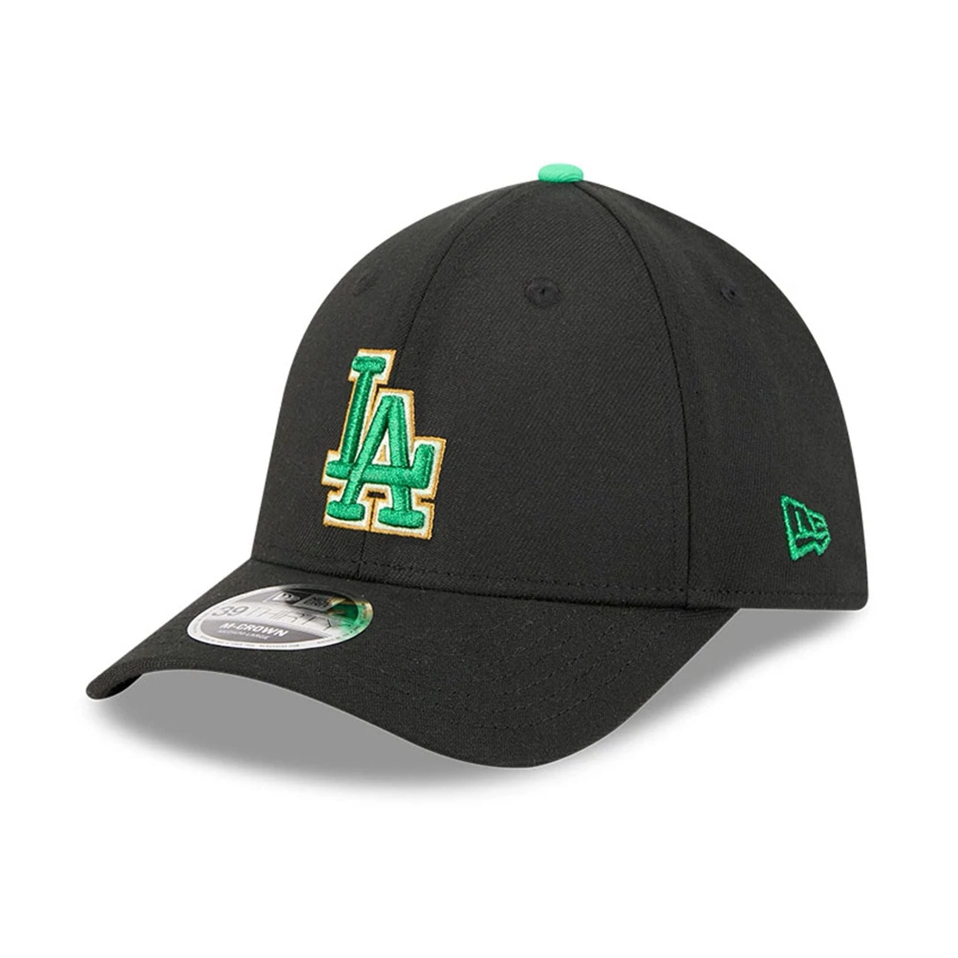 Pictured is this MLB Saint Patrick's Day LA Dodgers 39THIRTY M-Crown A-Frame Stretch Fit cap in black. 3