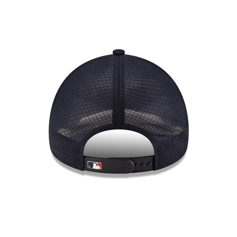 Atlanta Braves MLB Batting Practice 2026 Navy New Era 9FORTY Apex Adjustable Cap, rear view showing the MLB Batterman logo on the adjustable navy strap and a mesh design on the structured navy crown.