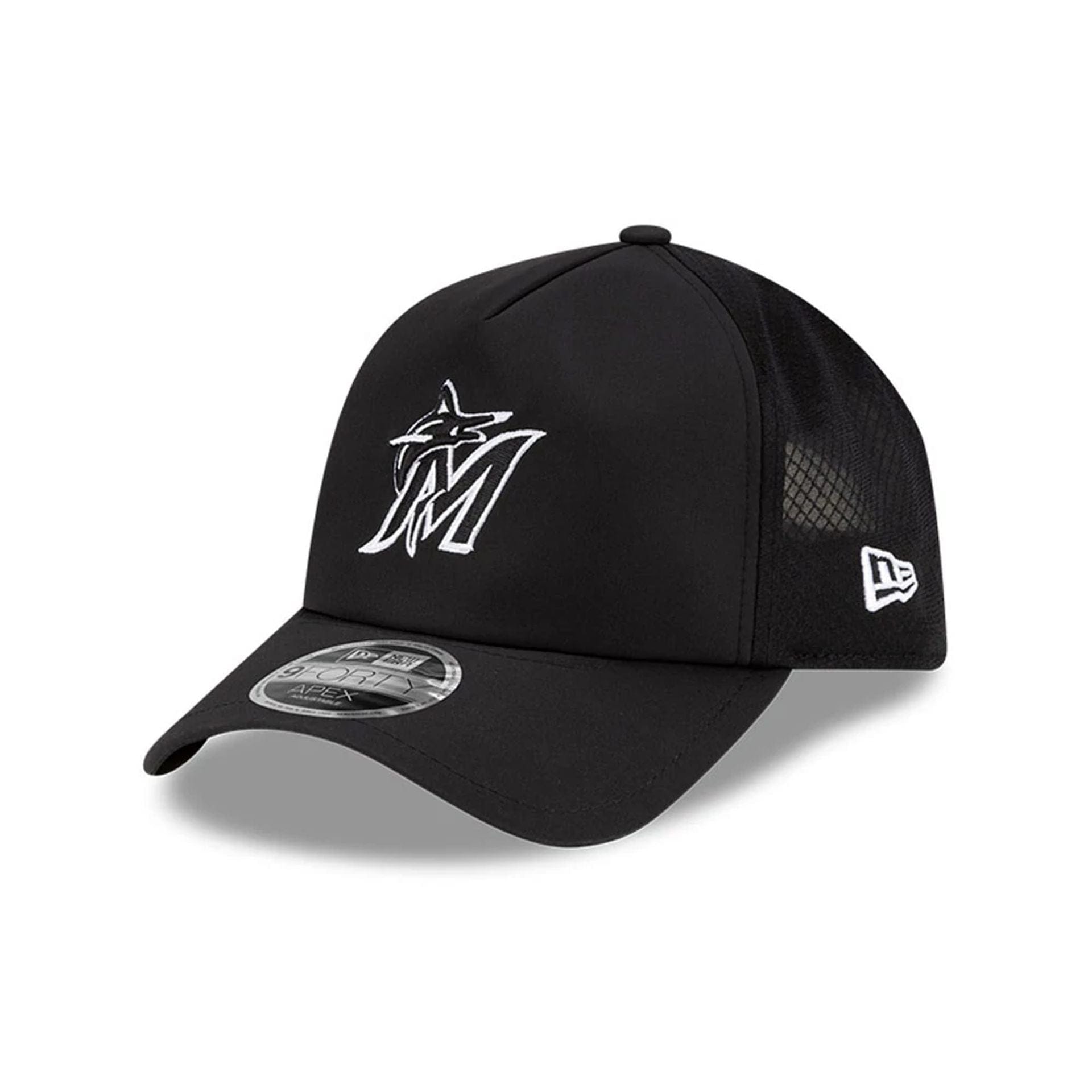 Pictured is this MLB Batting Practice 2026 Miami Marlins 9FORTY Apex cap in black. 1