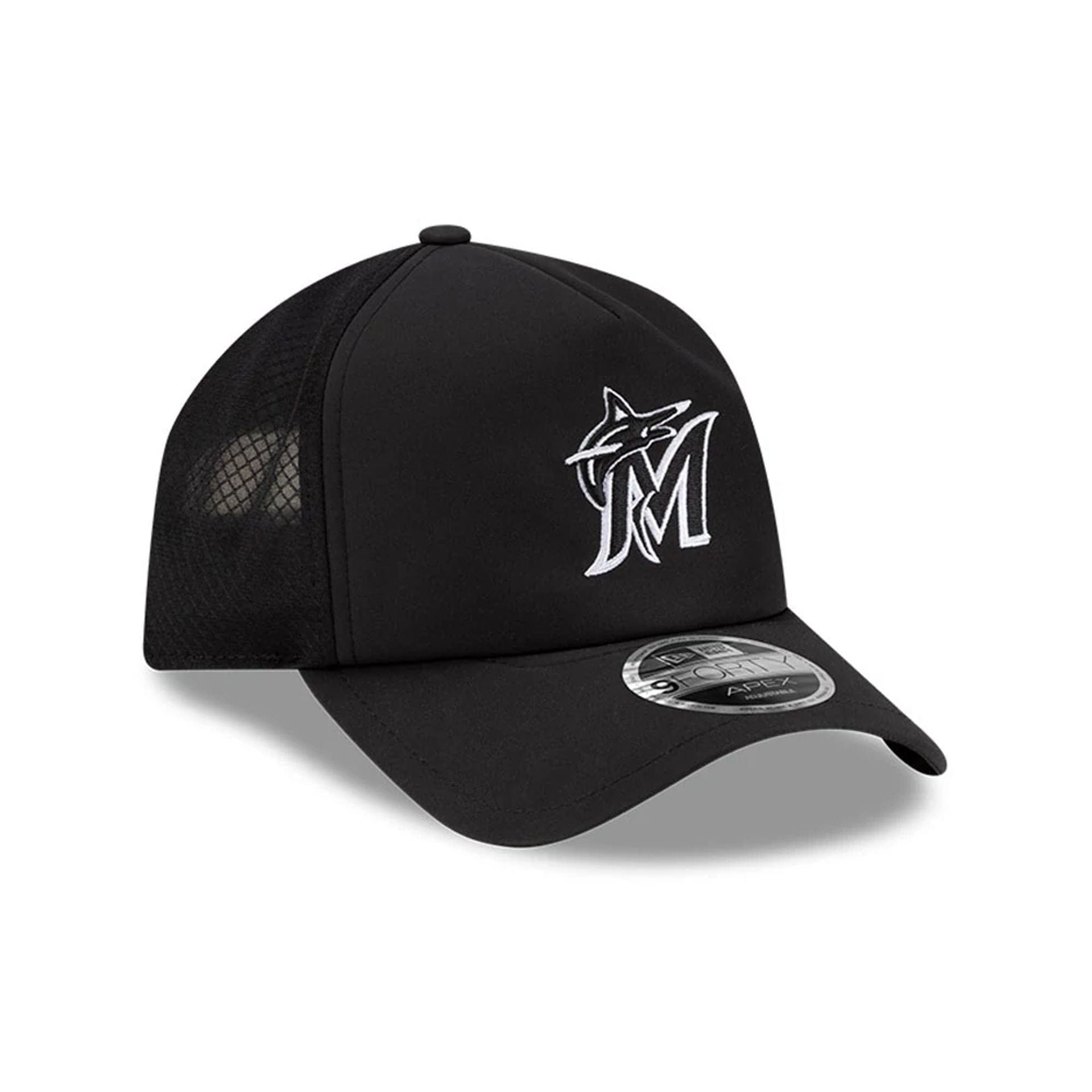 Pictured is this MLB Batting Practice 2026 Miami Marlins 9FORTY Apex cap in black. 3