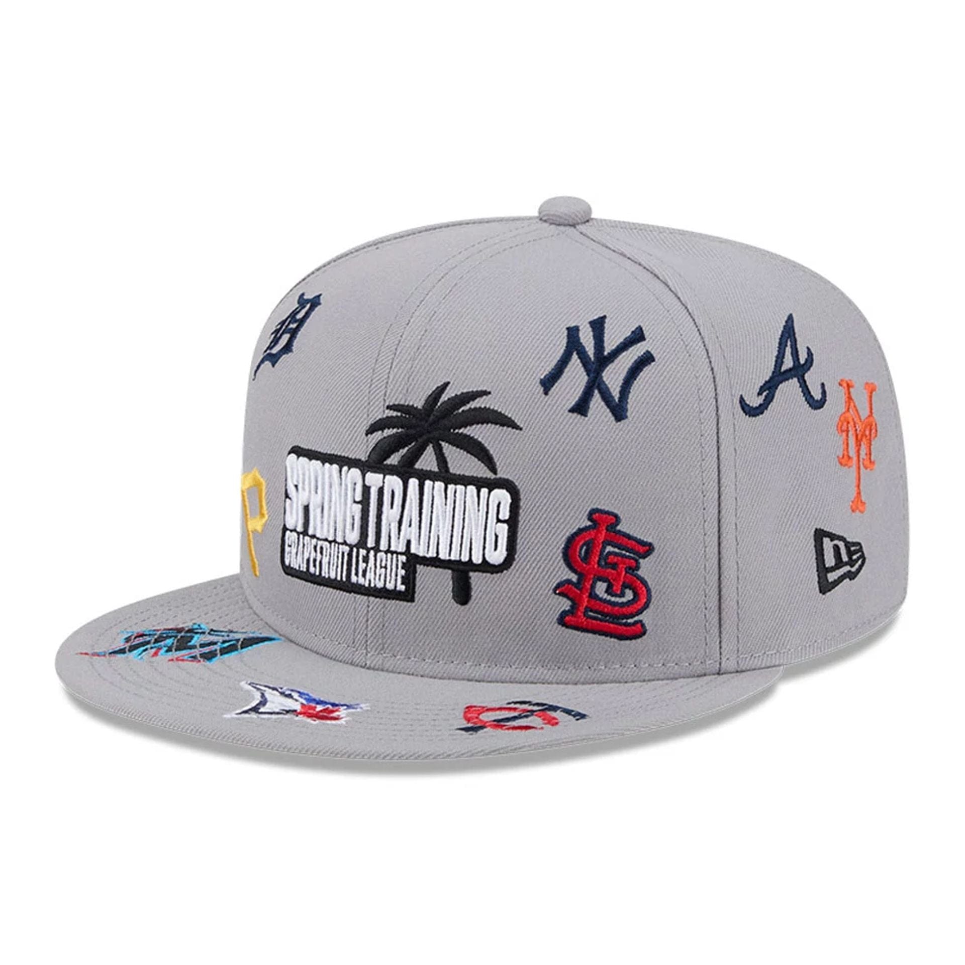 Pictured is this MLB Scattered Grapefruit League Logo 9FIFTY Snapback cap in grey. 1