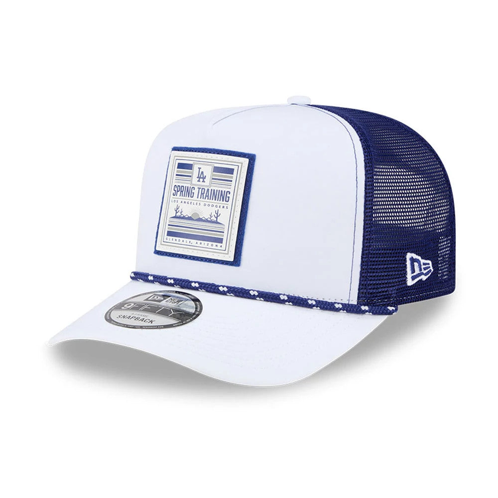 LA Dodgers MLB Lines White New Era 9FIFTY A-Frame Snapback Adjustable Cap, three-quarter view with a blue mesh rear, white front panel featuring a Spring Training patch, blue braided rope detail on the visor, and a 9FIFTY size sticker.