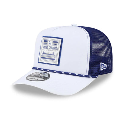 LA Dodgers MLB Lines White New Era 9FIFTY A-Frame Snapback Adjustable Cap, three-quarter view with a blue mesh rear, white front panel featuring a Spring Training patch, blue braided rope detail on the visor, and a 9FIFTY size sticker.