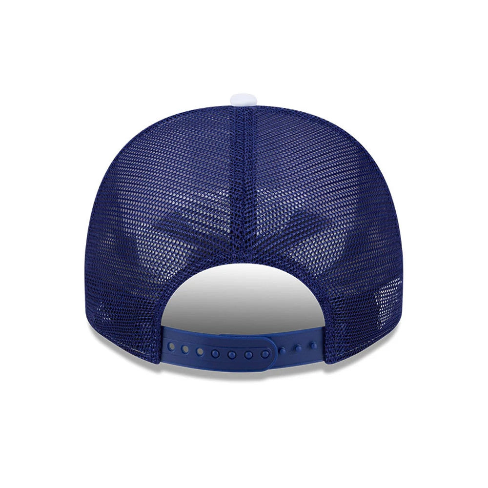 LA Dodgers MLB Lines White New Era 9FIFTY A-Frame Snapback Adjustable Cap, rear view featuring a mesh blue back panel, a blue plastic snap closure for adjustable fit, and a white top button.