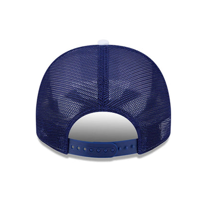 LA Dodgers MLB Lines White New Era 9FIFTY A-Frame Snapback Adjustable Cap, rear view featuring a mesh blue back panel, a blue plastic snap closure for adjustable fit, and a white top button.