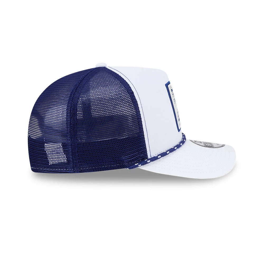 LA Dodgers MLB Lines White New Era 9FIFTY A-Frame Snapback Adjustable Cap, side view showing a curved white visor with a grey 9FIFTY size sticker, white crown, and navy mesh back and mid panels.