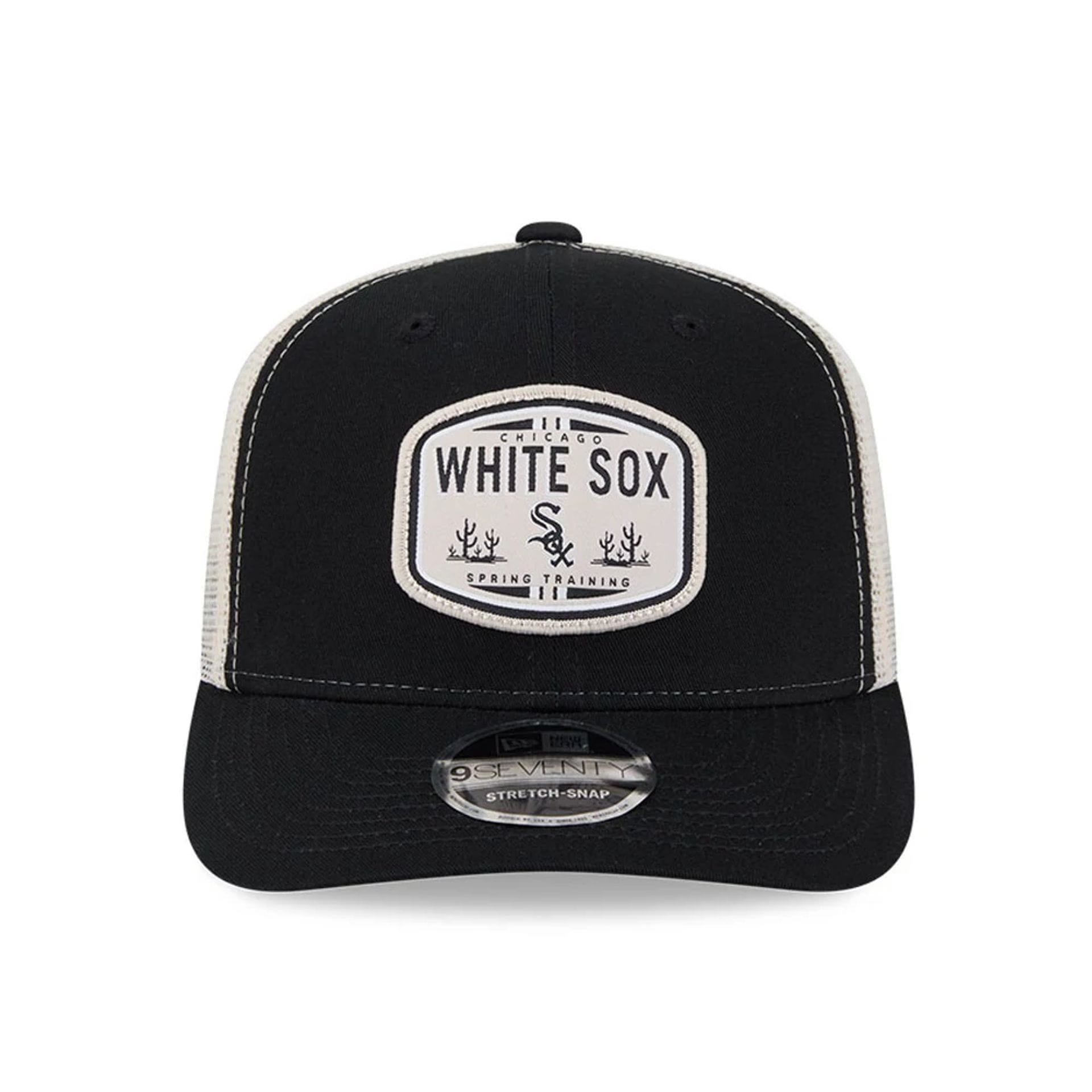 Pictured is this MLB Patch Chicago White Sox 9SEVENTY Stretch Snap cap in black. 3