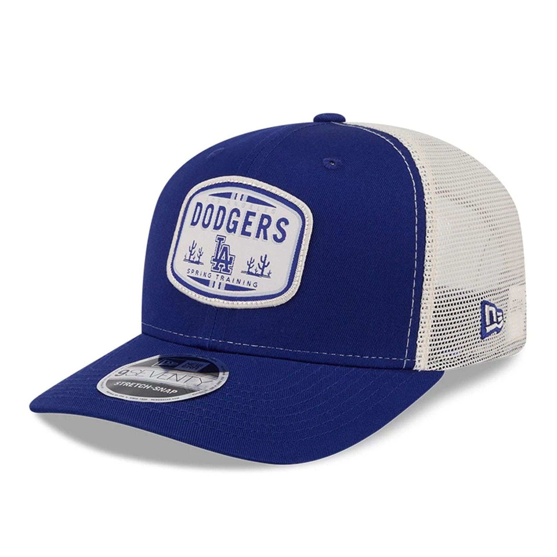 Pictured is this MLB Patch LA Dodgers 9SEVENTY Stretch Snap cap in dark blue. 1