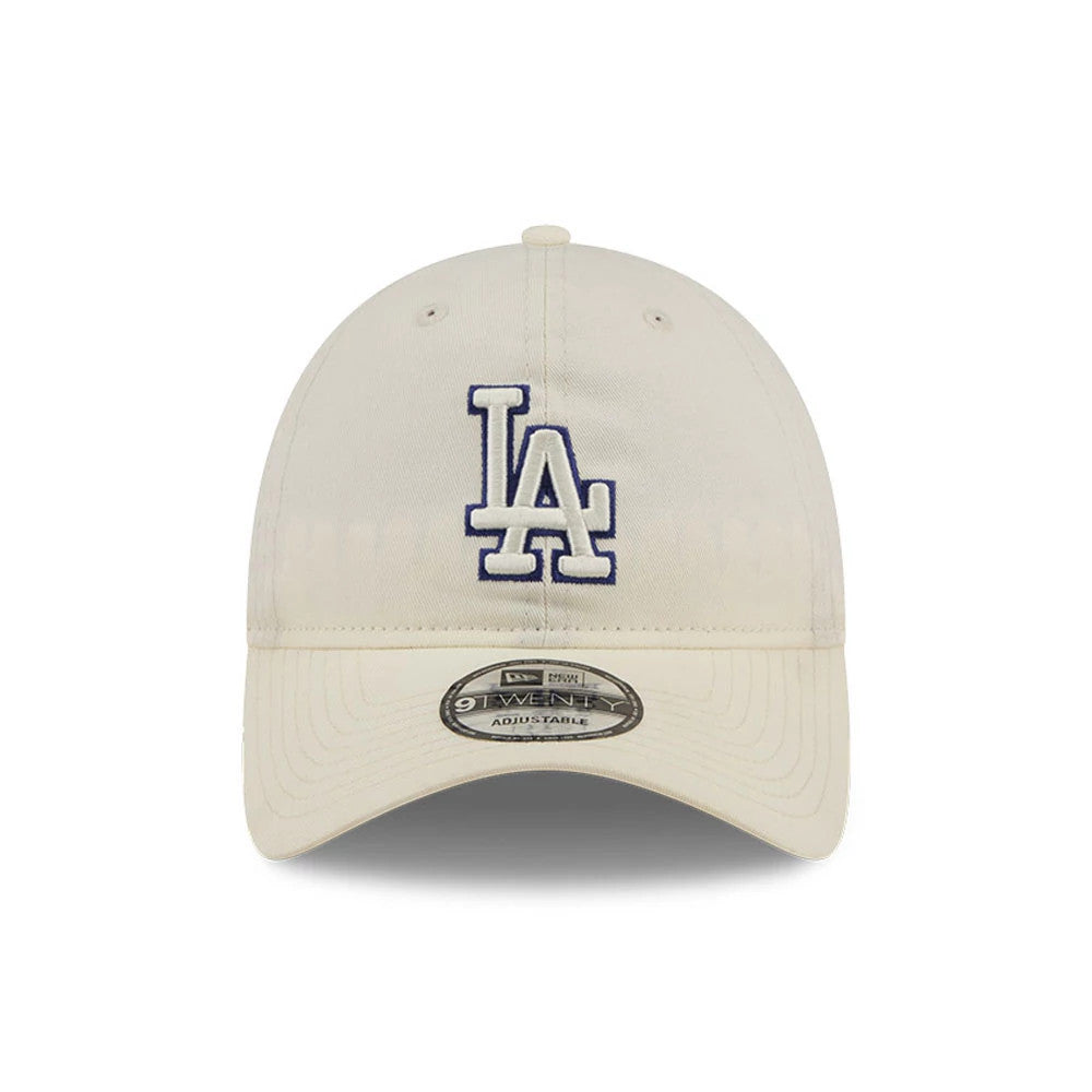 LA Dodgers MLB Colours White New Era 9TWENTY Adjustable Cap, front view showing the blue and white embroidered LA logo on the structured white crown, complete with a grey 9TWENTY size sticker on the curved visor.