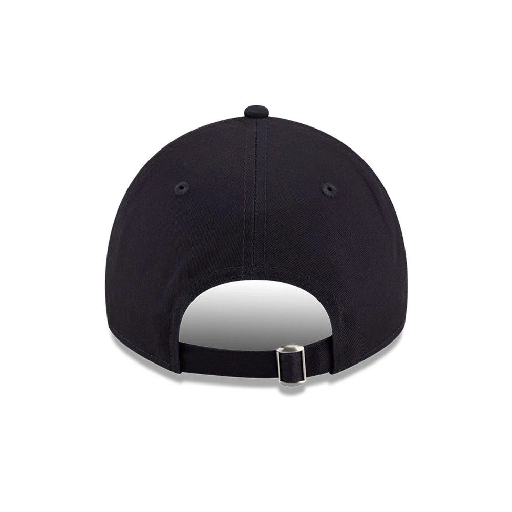 New York Yankees MLB Colours Navy New Era 9TWENTY Adjustable Cap, rear view showing the unstructured navy crown with centre back opening, adjustable strap, and small buckle, highlighting two embroidered eyelets on each back panel.