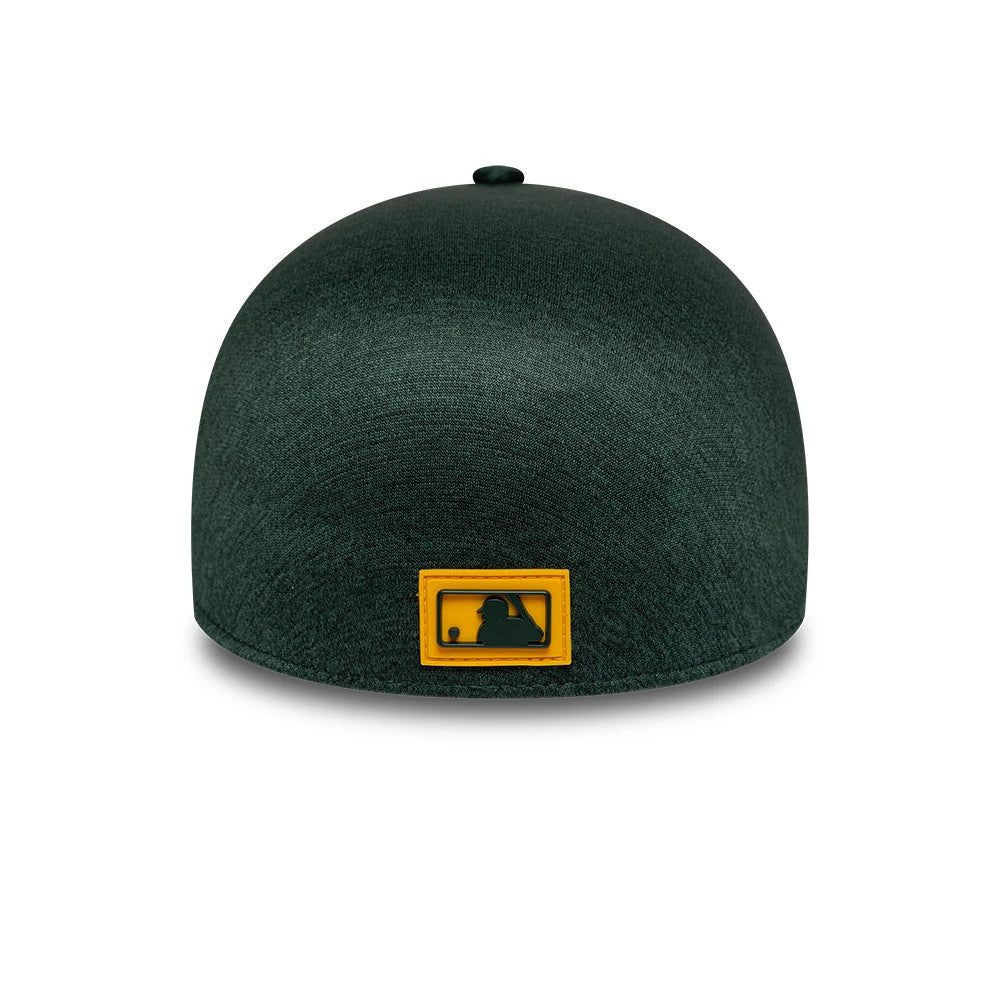 Athletics MLB Clubhouse Dark Green New Era 39THIRTY Infinity Stretch Fit Cap, rear view showing the embossed green MLB Batterman logo centred on the dark green crown, outlined with a distinctive yellow frame.
