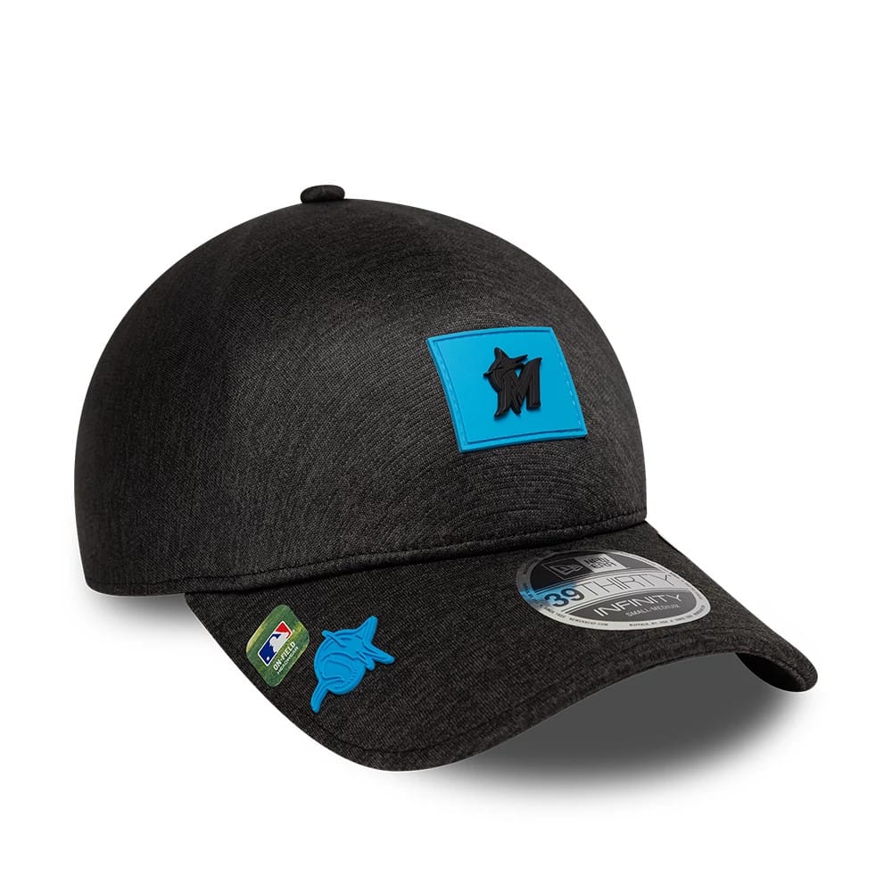 Pictured is this MLB Clubhouse Miami Marlins 39THIRTY Infinity Stretch Fit cap in black. 1