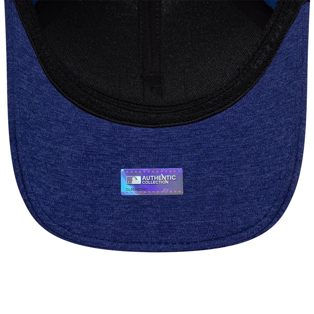 Texas Rangers MLB Clubhouse Dark Blue New Era 39THIRTY Infinity Stretch Fit Cap, inside view showing the black sweatband, dark blue undervisor, and an Authentic Collection sticker at the centre of the curved visor.