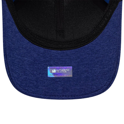 Texas Rangers MLB Clubhouse Dark Blue New Era 39THIRTY Infinity Stretch Fit Cap, inside view showing the black sweatband, dark blue undervisor, and an Authentic Collection sticker at the centre of the curved visor.
