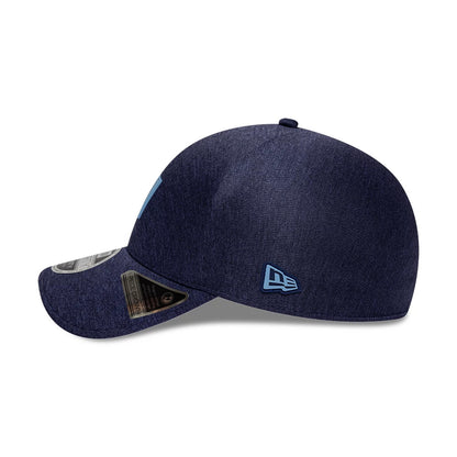 Tampa Bay Rays MLB Clubhouse Navy New Era 39THIRTY Infinity Stretch Fit Cap, side view showing the light blue embroidered New Era flag logo on the left side, with a curved navy visor and a sticker on the top.