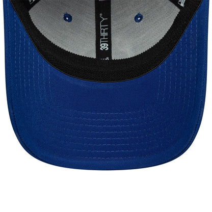 FC Porto Core Blue New Era 39THIRTY Stretch Fit Cap, inside view showing the black sweatband, grey taping with white 39THIRTY lettering, and black stitches securing blue eyelets on a grey interior.