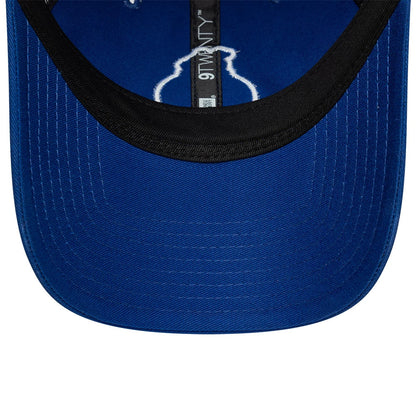 FC Porto Core Blue New Era 9TWENTY Cap, inside view showing the black 9TWENTY taping along the seam, the blue curved undervisor, and a black sweatband with intricate stitching detail.