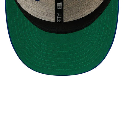 LA Dodgers MLB Linen Black Retro Crown New Era 59FIFTY Fitted Cap, inside view showing a green undervisor and black taping with the 59FIFTY logo running along the seam, alongside a grey sweatband.
