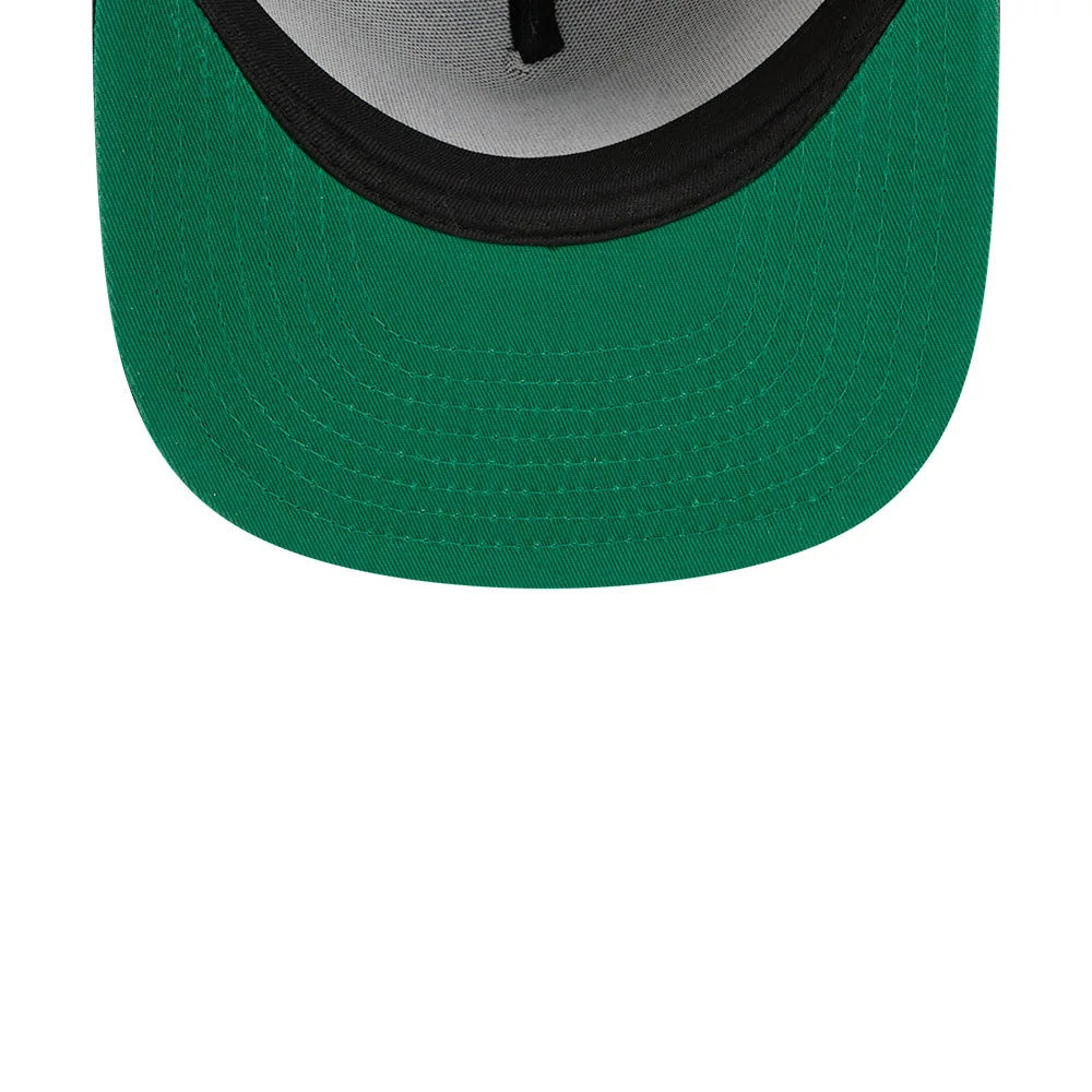 Philadelphia Eagles NFL Ring Black New Era 9FIFTY A-Frame Snapback Adjustable Cap, inside view showing a grey sweatband, black taping, and a green undervisor contrasting with the black interior structure.