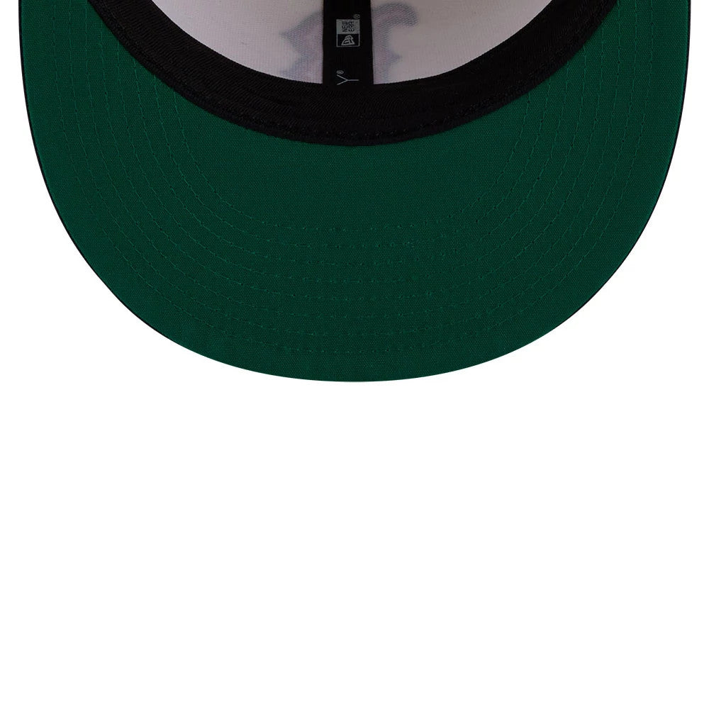 Boston Red Sox MLB Localized White New Era 9FIFTY Snapback Adjustable Cap, inside view showing the green undervisor with black edging, white sweatband, and black taping featuring the New Era and MLB logos.