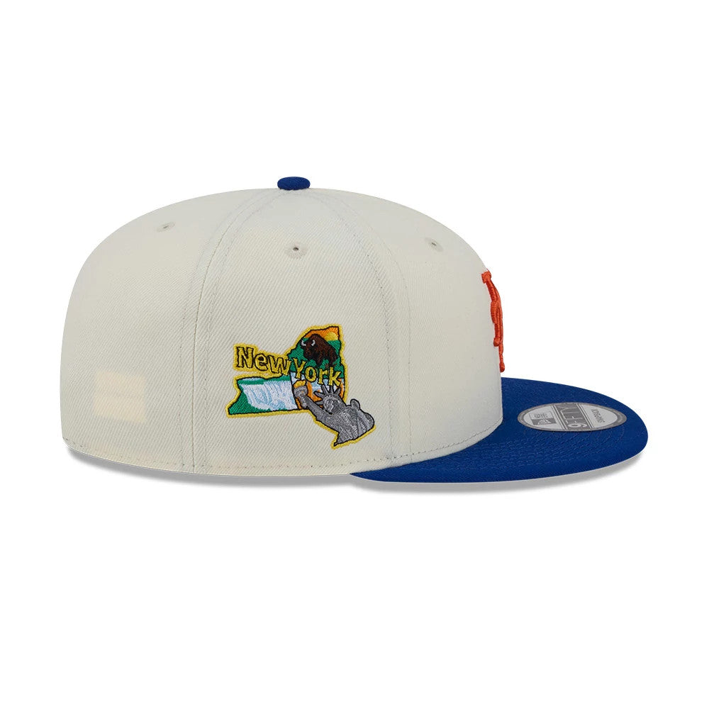New York Mets MLB Localized White New Era 9FIFTY Snapback Adjustable Cap, side view showing a colourful embroidered New York state map graphic on the cream-coloured crown, with a blue flat visor and a grey 9FIFTY size sticker.