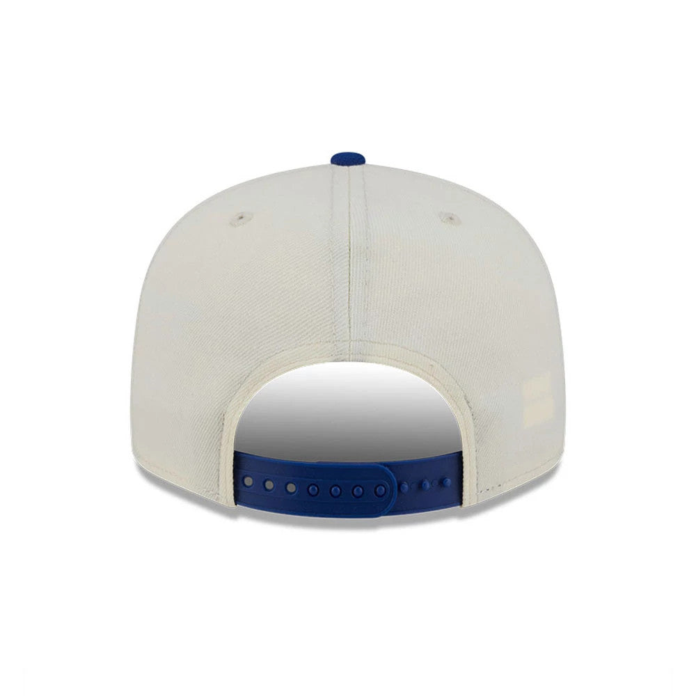 New York Mets MLB Localized White New Era 9FIFTY Snapback Adjustable Cap, rear view showing a white structured crown with a contrasting blue adjustable snap closure and white embroidered eyelets on each panel.