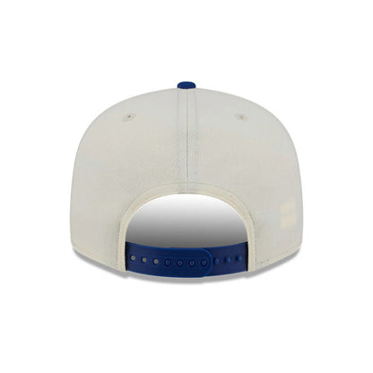 New York Mets MLB Localized White New Era 9FIFTY Snapback Adjustable Cap, rear view showing a white structured crown with a contrasting blue adjustable snap closure and white embroidered eyelets on each panel.