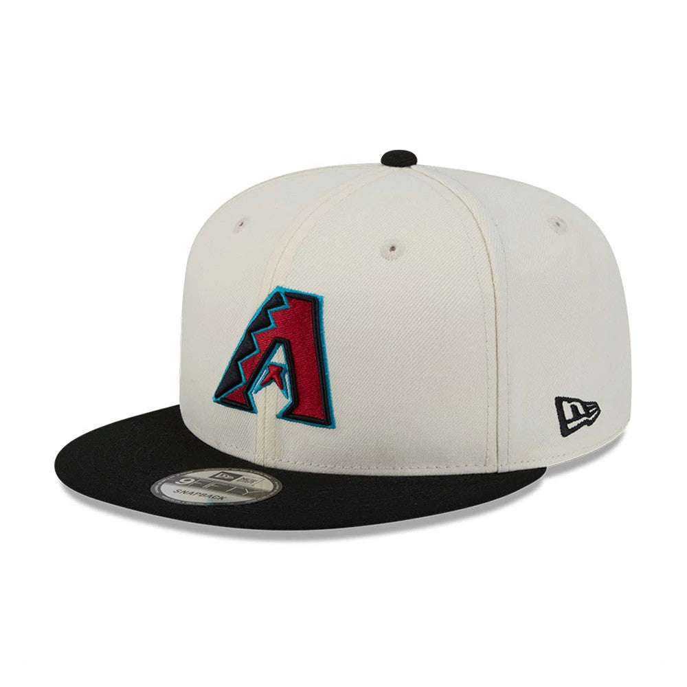 Arizona Diamondbacks MLB Localized White New Era 9FIFTY Snapback Adjustable Cap, front view showing the red and teal embroidered team logo on the front panel, black flat visor with a 9FIFTY size sticker, and the New Era flag logo on the left side.