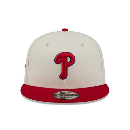 Philadelphia Phillies MLB Localized White New Era 9FIFTY Snapback Adjustable Cap, front view showing a red embroidered Phillies P logo on the structured white crown, with a flat red visor and 9FIFTY size sticker.