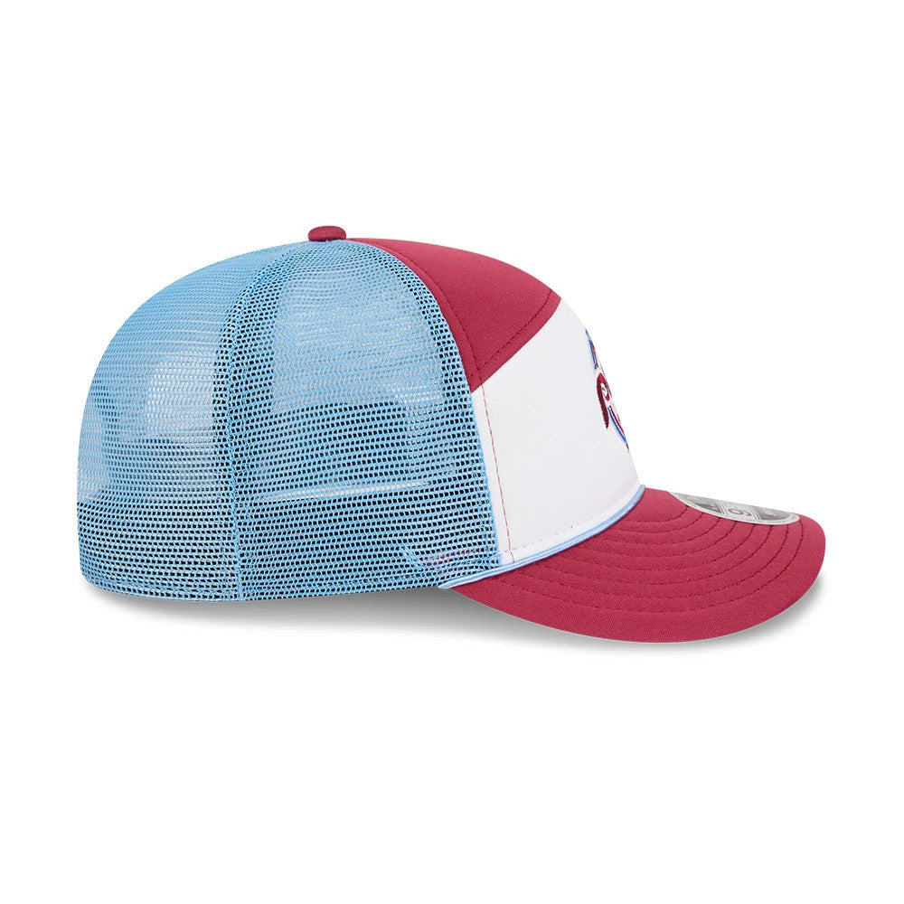 Philadelphia Phillies MLB Blocked Dark Red New Era 9FIFTY Split Panel Snapback Cap, side view showing the light blue mesh panels on the rear, with a structured red visor and the embroidered Phillies logo on the front white panel.