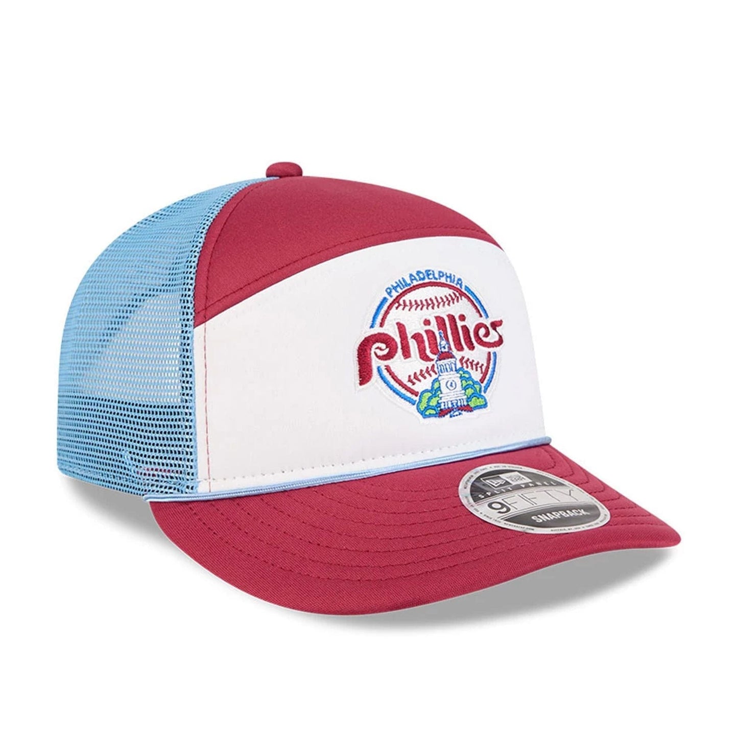 Pictured is this MLB Blocked Philadelphia Phillies 9FIFTY Split Panel Snapback cap in Dark Red. 4