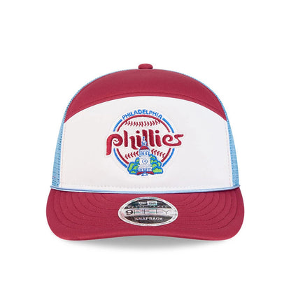 Pictured is this MLB Blocked Philadelphia Phillies 9FIFTY Split Panel Snapback cap in Dark Red. 3