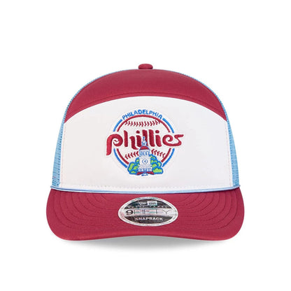 Pictured is this MLB Blocked Philadelphia Phillies 9FIFTY Split Panel Snapback cap in Dark Red. 3