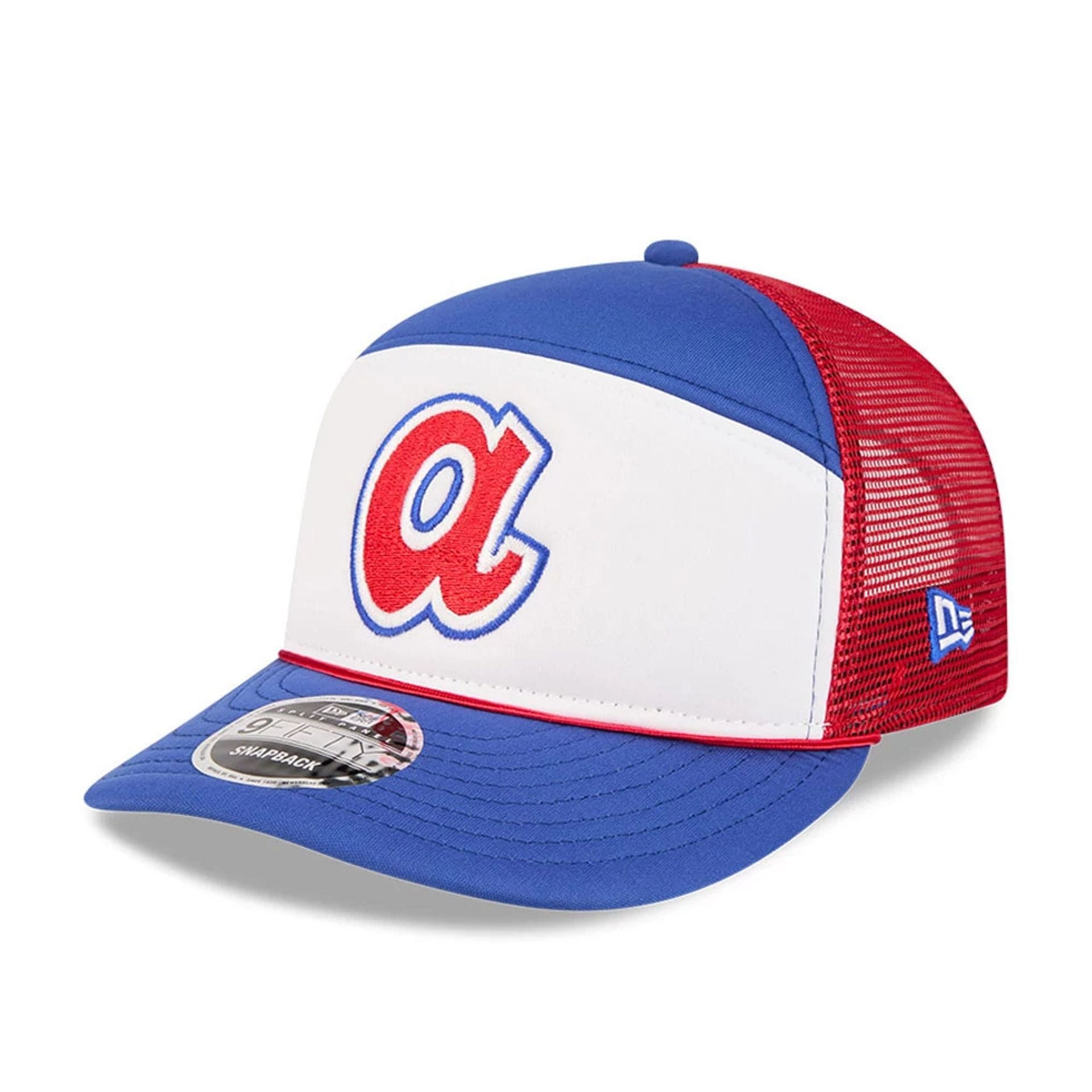 Pictured is this MLB Blocked Atlanta Braves 9FIFTY Split Panel Snapback cap in blue. 1