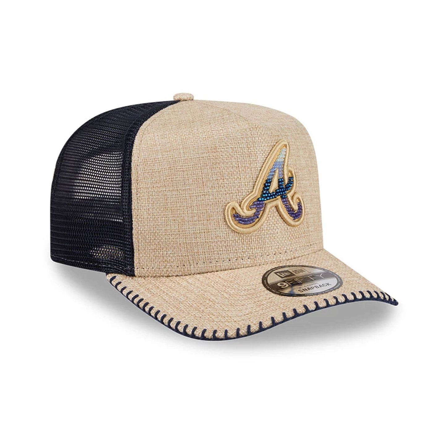 Pictured is this MLB Beaded Atlanta Braves 9FIFTY A-Frame Trucker cap in beige. 4