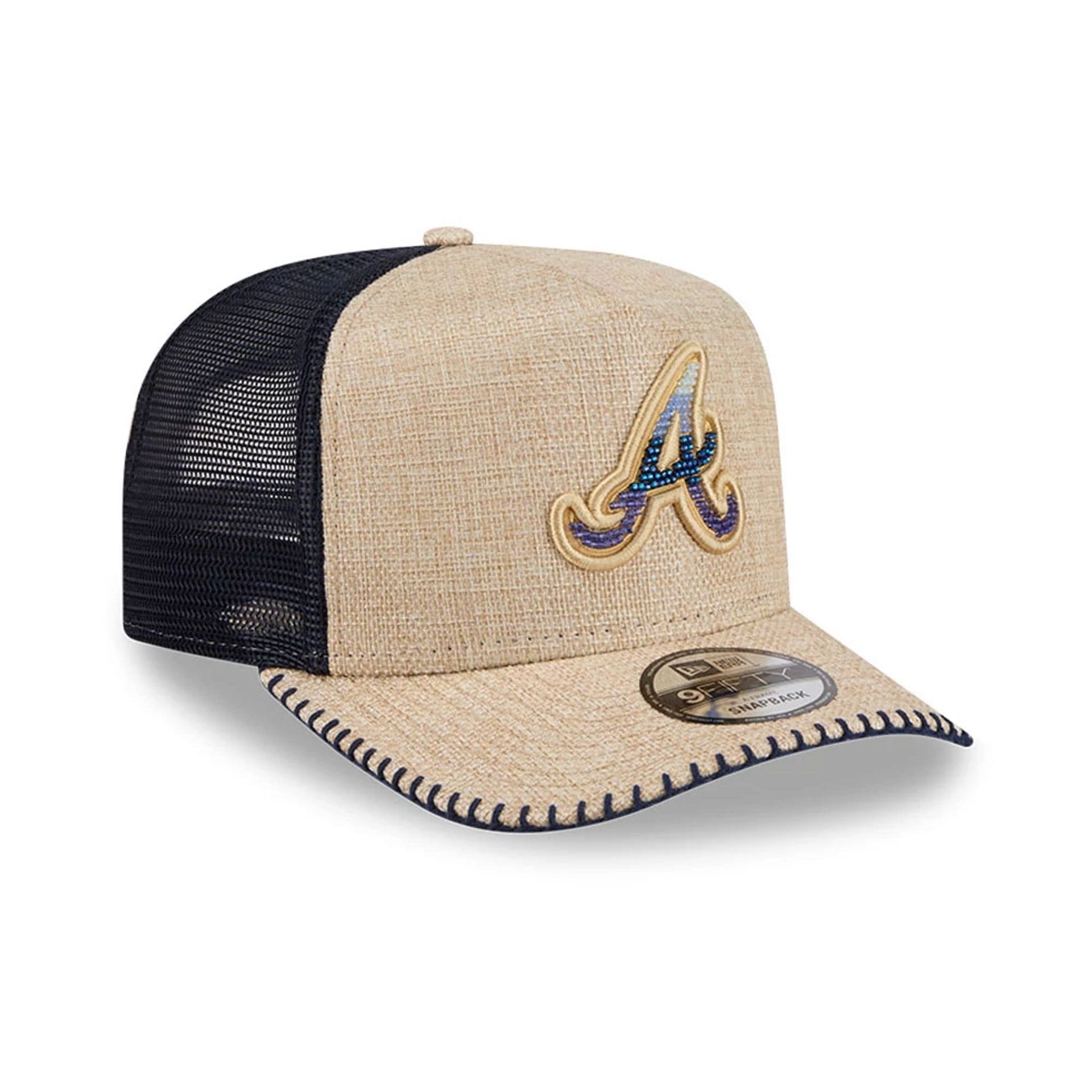 Pictured is this MLB Beaded Atlanta Braves 9FIFTY A-Frame Trucker cap in beige. 4