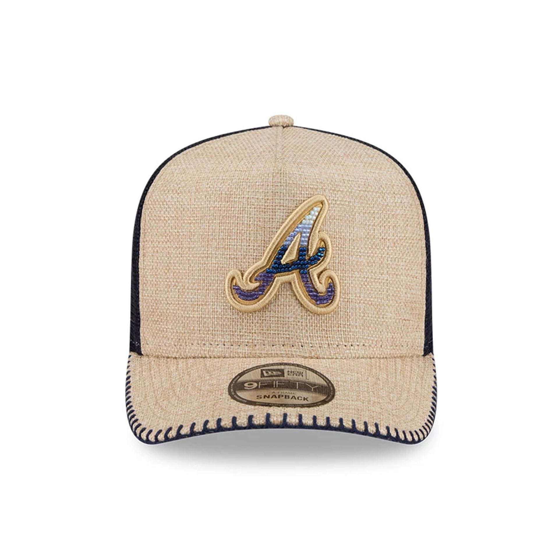 Pictured is this MLB Beaded Atlanta Braves 9FIFTY A-Frame Trucker cap in beige. 3